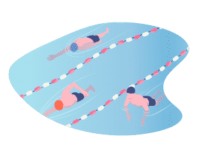 Illustration de trois nageurs dans un bassin