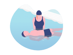 Illustration d'une maîtresse-nageuse tenant un élève dans un bassin